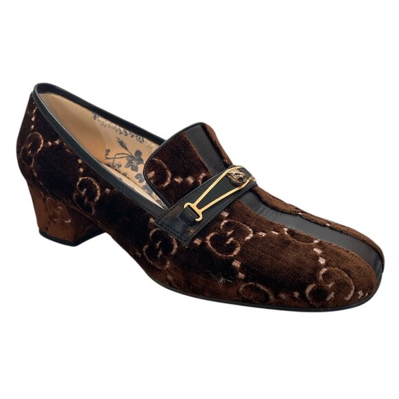 Gucci Shoes - GUCCI Velvet GG Logo Block Heel Brown Square Toe Mules Loafers Flats Cat \\ 37